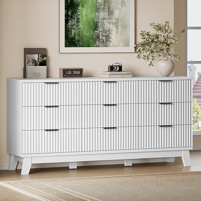BORNOON 63" Long Dresser for Bedroom, 9-Drawer Fluted Dresser, Extra-Wide Wood by BORNOON