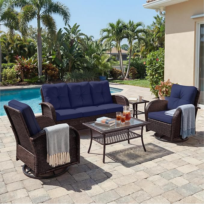 UPHA 5 Pieces Patio Furniture Sets, Wicker Outdoor 3-Seat Sofa Set by UPHA