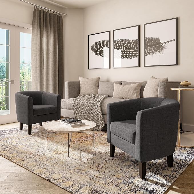 BELLEZE Living Room Chairs Set of 2, Linen Round Accent Barrel Chairs, Club Tub - Image 6