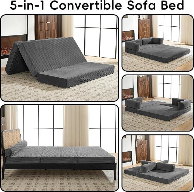 5-in-1 Convertible Sofa Bed, Corduroy Futon Couch Sleeper - Image 3
