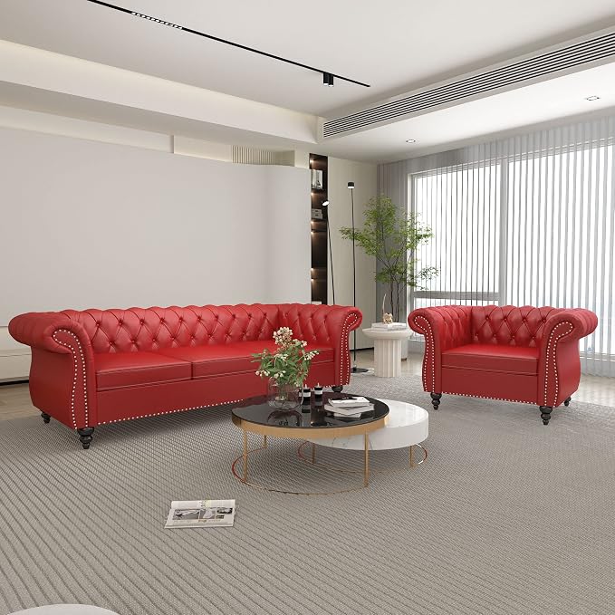 ORRD 2 Piece Living Room Set, Chesterfield Leather Sofa Loveseat Couch Chair by ORRD