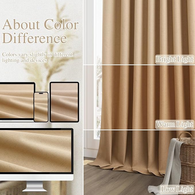 Guken Camel Brown 100% Blackout Linen Curtains 90 Inch Length 2 Panels Set - Image 7