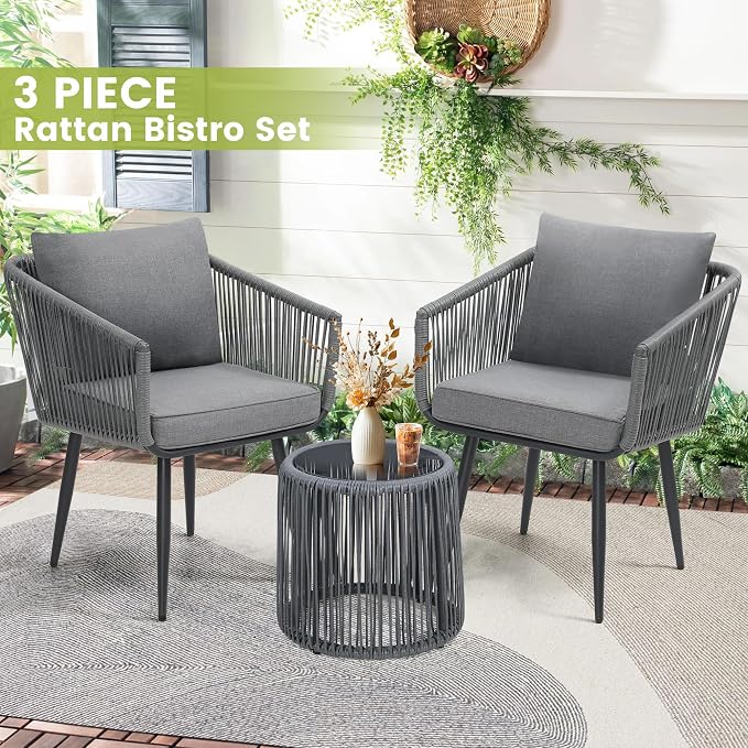 Kromax 3 Pieces Patio Rattan Bistro Conversation Set, Outdoor All-Weather - Image 2