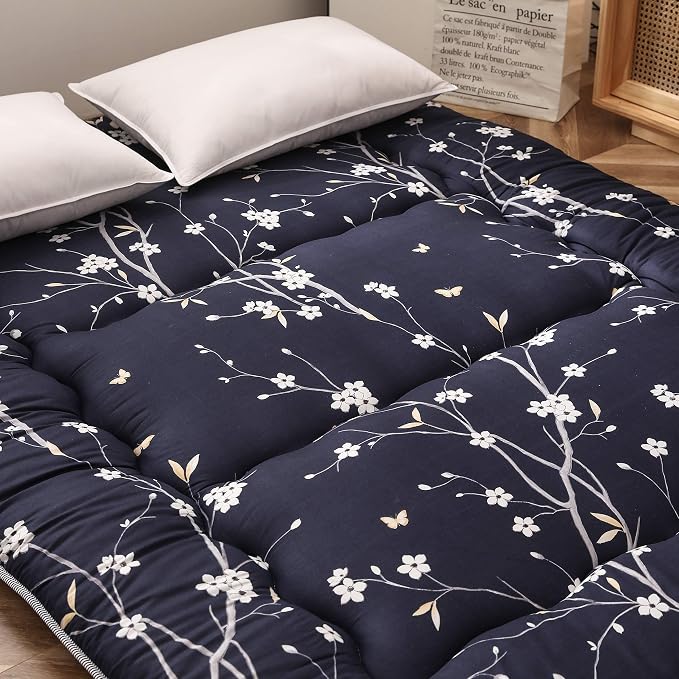 MAXYOYO Japanese Floor Mattress Navy Floral Printed Futon Mattress Foldable - Image 6