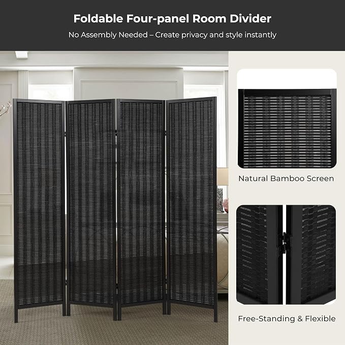 Roundhill Furniture Inkwell 4-Panel Bamboo Room Divider, Folding Portable - Image 4