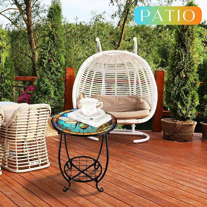 Cinnvoice Outdoor Side Table Round Small Mosaic Patio Accent Indoor End Plant - Image 4