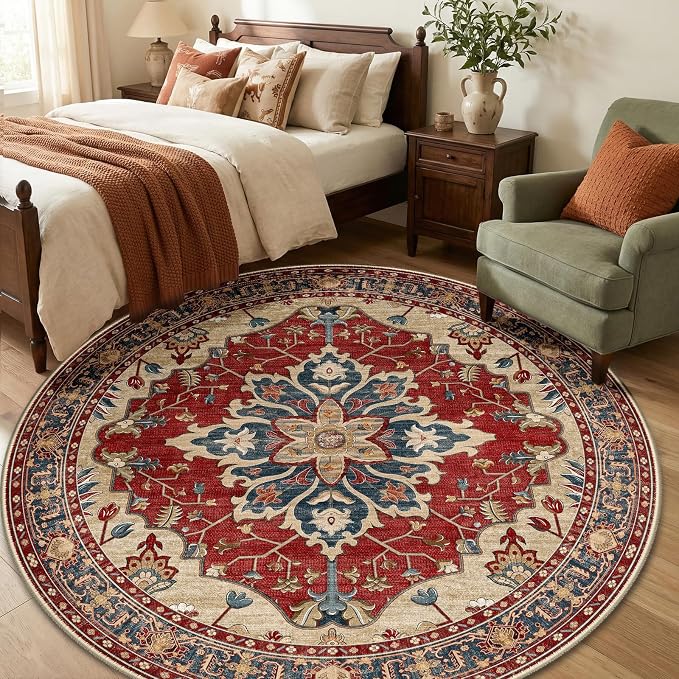RELEANY Area Rugs Round 6ft Washable Non-Slip, Floral Vintage Distress Print - Image 3