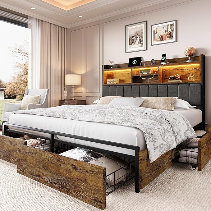 LARMACE King Bed Frame with 6 Storage Drawers, Bed Frame King Size with Linen by LARMACE