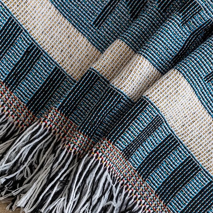VClife Boho Couch Cover White Blue Plaid Stripe Couch Cover Washable L Shape - Image 9