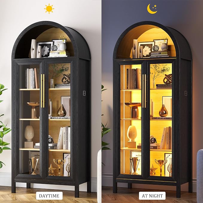 HWB Display Cabinet with Glass Doors, 5-Tier Tall Curio Cabinet with Lights - Image 7