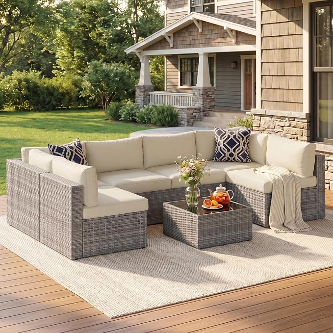 May in Color 7 Pieces Wicker Outdoor Patio Furniture Set, Patio Sectional Sofa by MayinColor