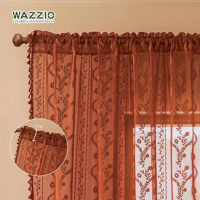 WAZZIO Boho Lace Curtains 90 Inch 2 Panels-Vintage Sheer Panel Drape Floral - Image 6