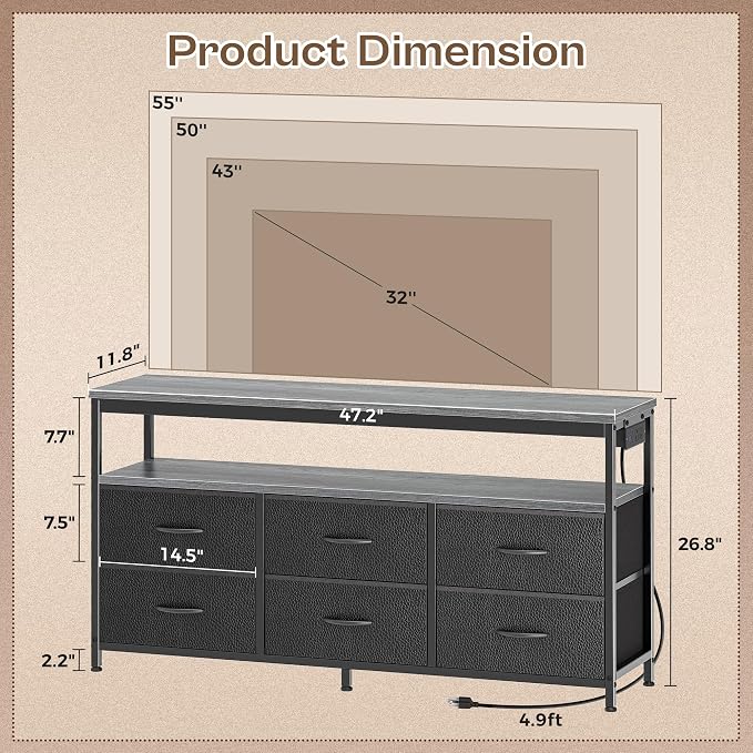 Huuger LED TV Stand for Bedroom, 47 Inch Dresser TV Stand for 43, 55 Inch TV - Image 2