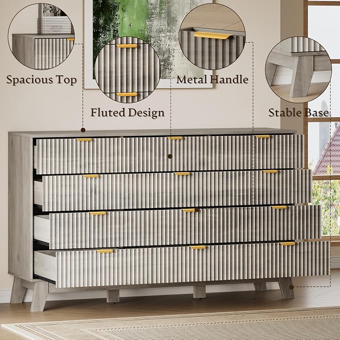 BORNOON 57" Wide Dresser for Bedroom, 12-Drawer Fluted Dresser - Image 4