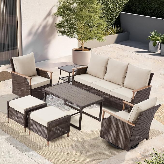 MELLCOM 7 Piece Patio Furniture Set Wicker Patio Conversation Set Rocking by MELLCOM