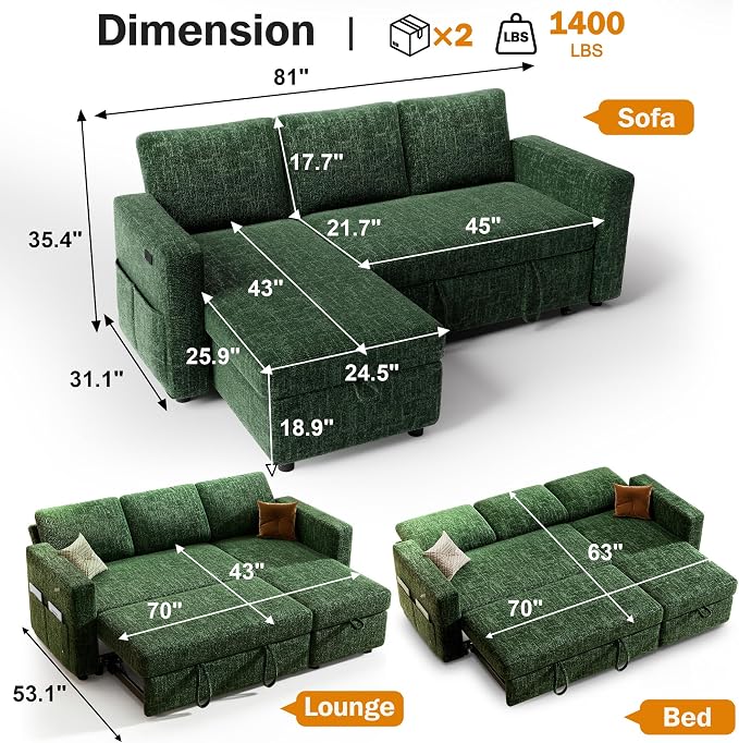Sunny Heart 82" L Shaped Sectional Sleeper Sofa Bed - Image 2
