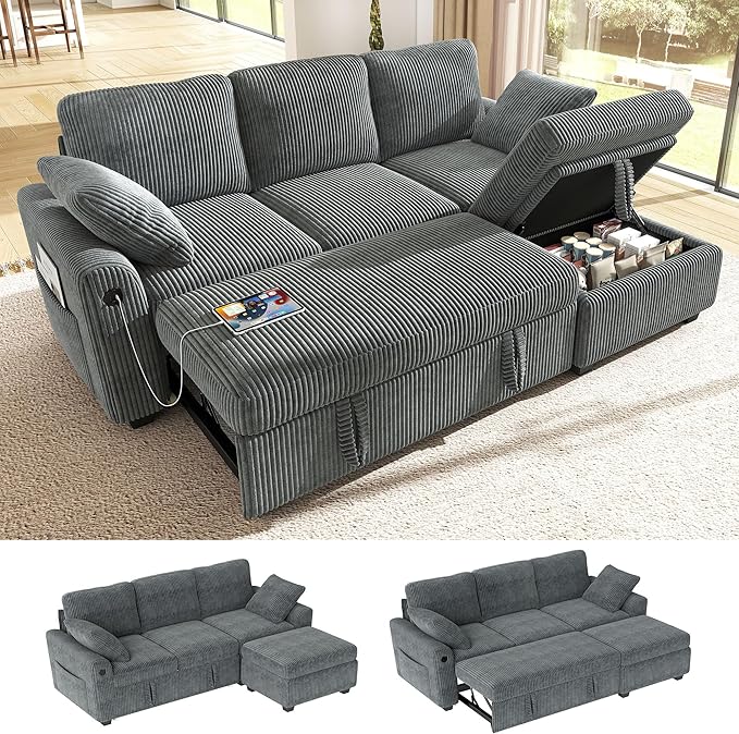 Ihanherry 81-inch Corduroy Modular Sectional Sofa Bed by iHanHerry