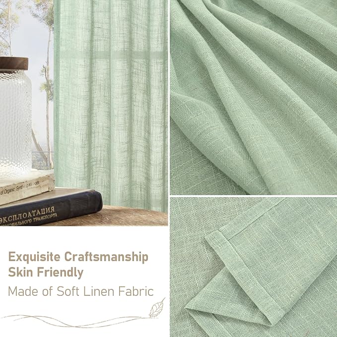 LAMIT Fresh Green Linen Boho Curtains 68 inch Length 2 Panels, Light Filtering - Image 6