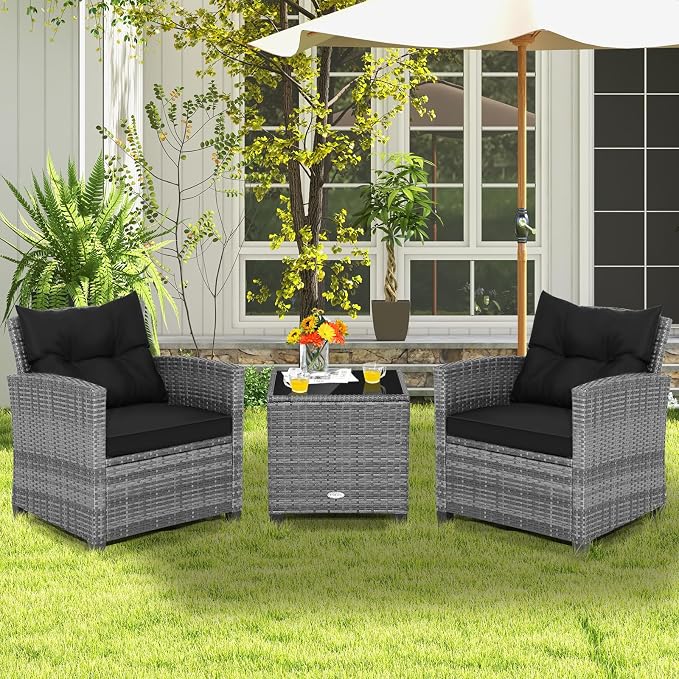 COSTWAY 3PCS Patio Furniture Set, PE Rattan Wicker Sofa w/Washable Cushion and - Image 3