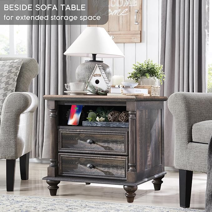 T4TREAM 24'' Farmhouse End Table w/4 Solid Wood Feet, Large 2 Drawers Wide Sofa - Image 5