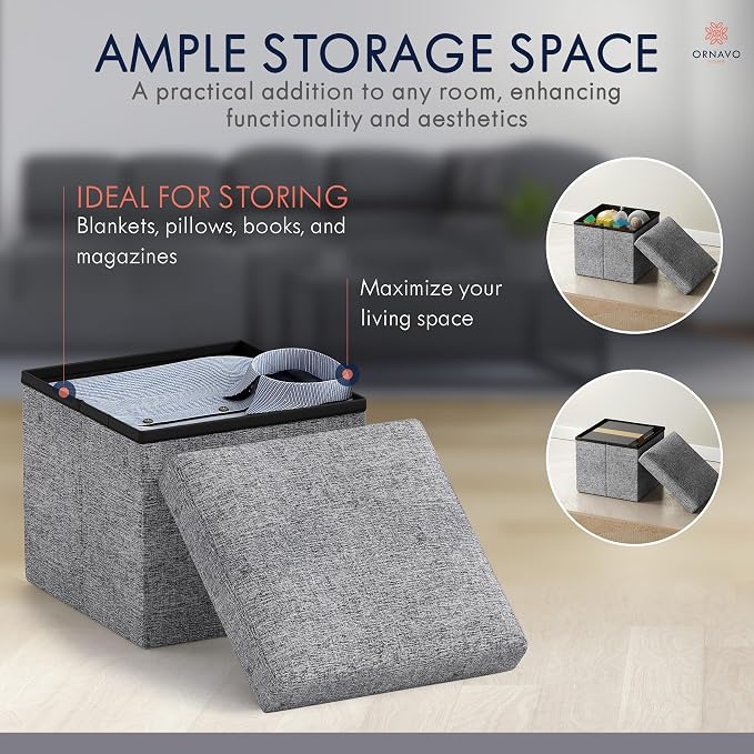 Ornavo Home Small Storage Ottoman Foldable Collapsible Cube Square Linen - Image 3