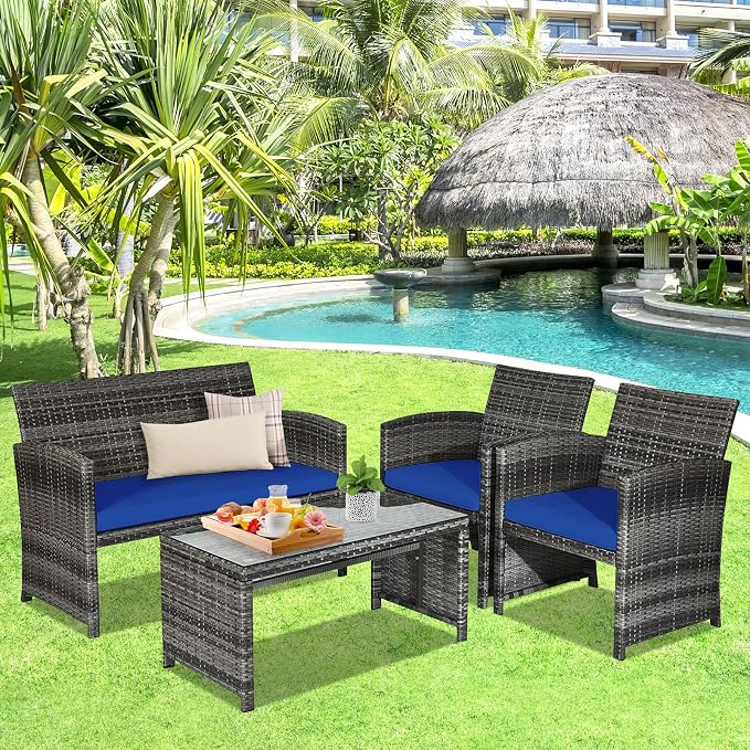 Goplus 4-Piece Rattan Patio Furniture Set, Outdoor Wicker Conversation Sofa - Image 6