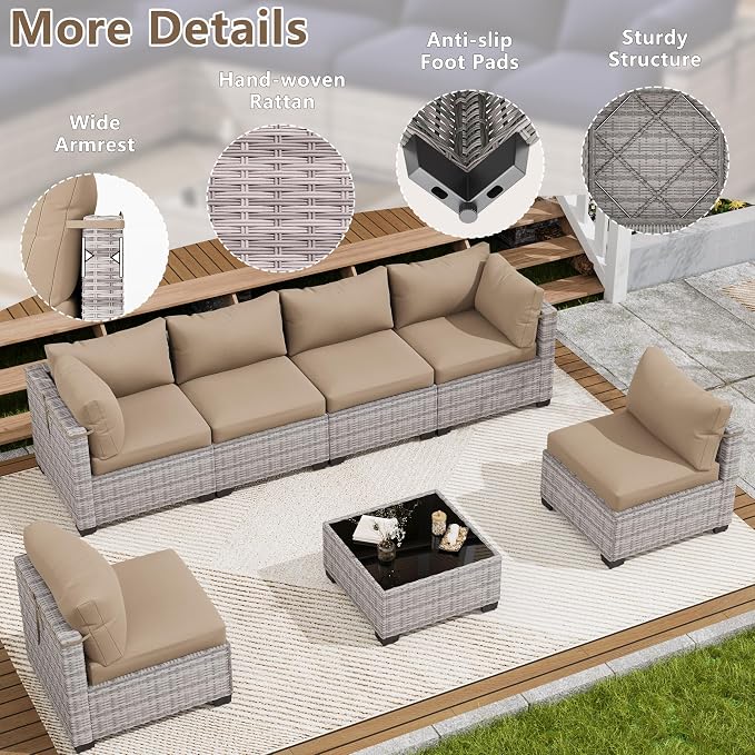LOUVIXA 7 Piece Outdoor Patio Furniture Set, Outdoor Sectional Sofa, Wicker - Image 4