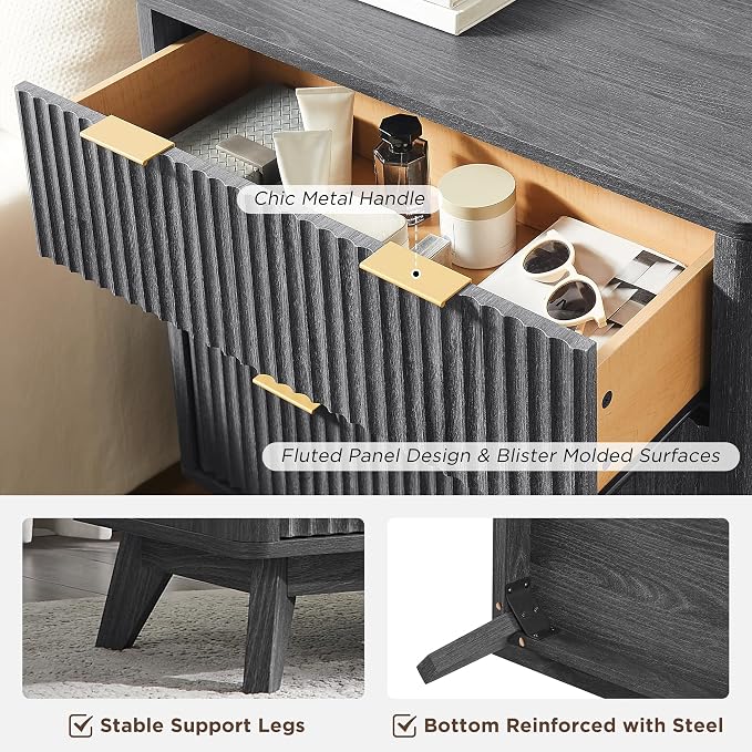 T4TREAM Fluted 3 Drawer Dresser, Curved Profile Design, Wood Drawer Organizer - Image 6