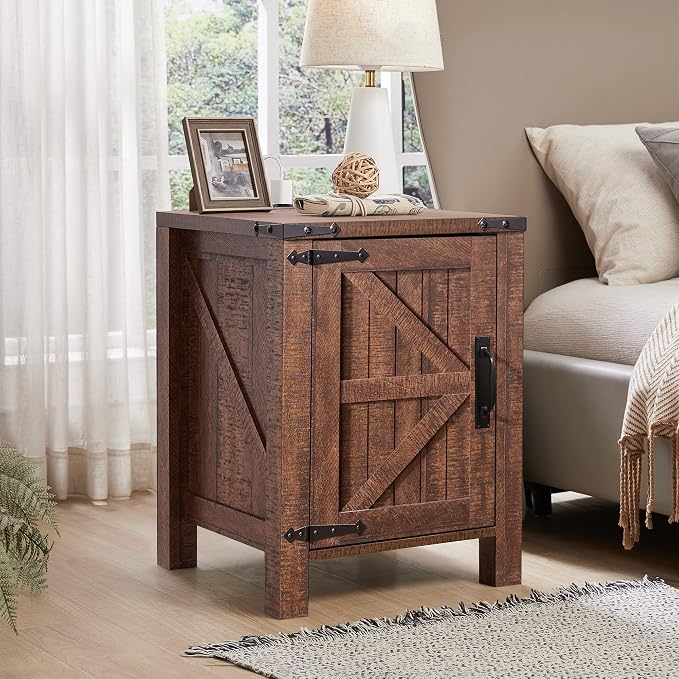 OKD Nightstand w/Charging Station, 18 Inch Farmhouse End Table w/Barn Door and - Image 2