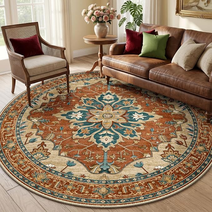 RELEANY Area Rugs Round 6ft Washable Non-Slip, Floral Vintage Distress Print - Image 2