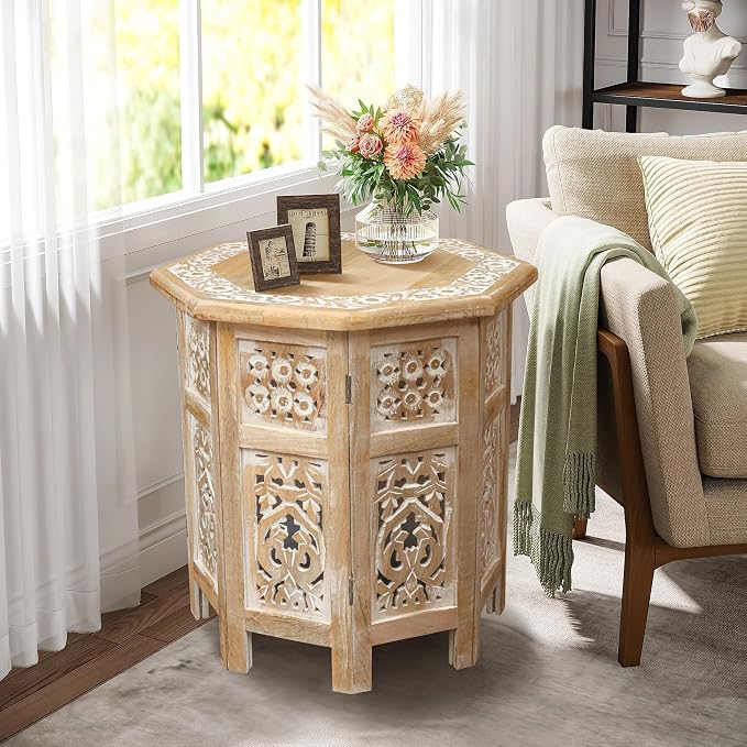 Side Tables– Hand Carved Vintage Boho Folding End Tables - Image 6