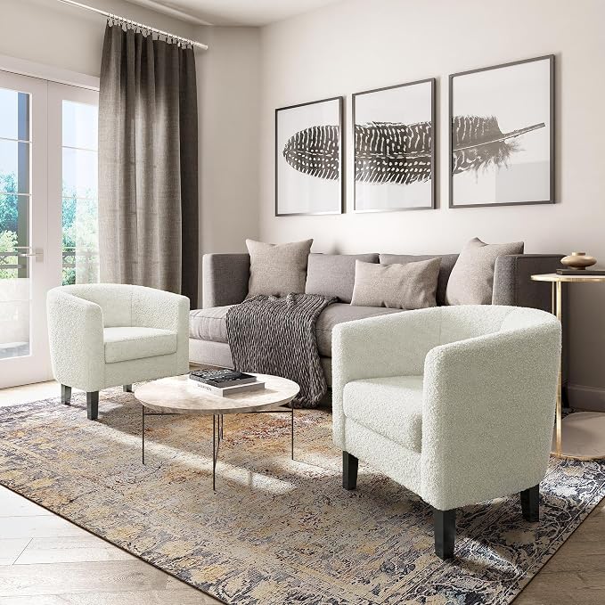 BELLEZE Accent Barrel Chair Set of 2, Linen Round Chair Club Tub Sofa Corner - Image 7