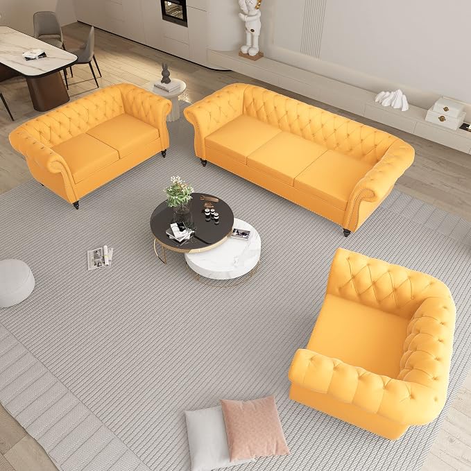 QHITTY 3 Piece Living Room Set, Sectional Chesterfield Sofa Chair Contemporary - Image 7
