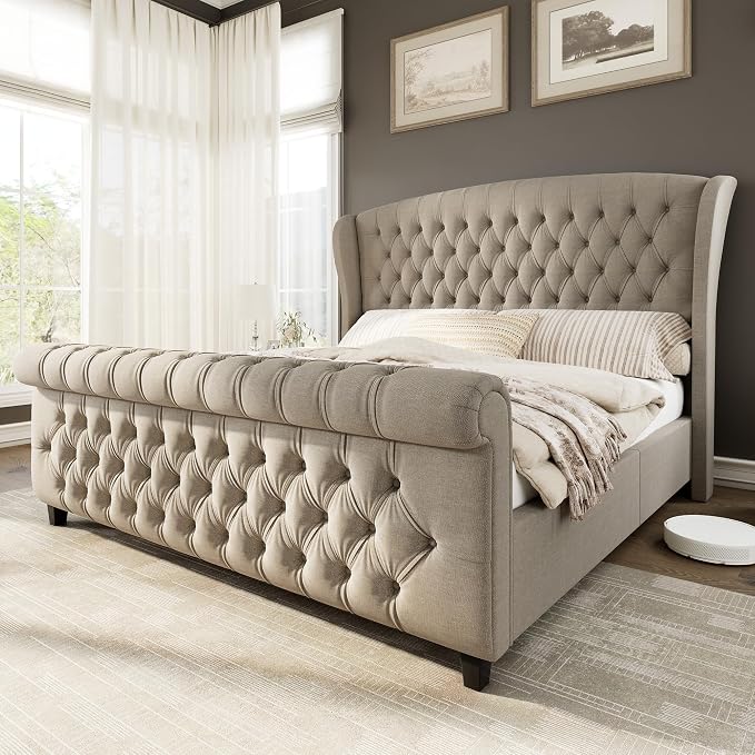 AMERLIFE King Size Platform Bed Frame, Linen Upholstered Sleigh Bed by AMERLIFE