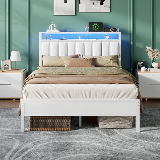 Furnulem White Full Size Bed Frame by Furnulem