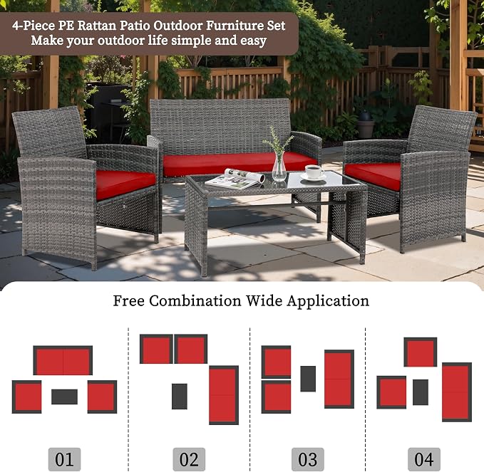 4 Piece Patio Ratten Set Outdoor Furniture Set Wicker Conversation Set - Image 2