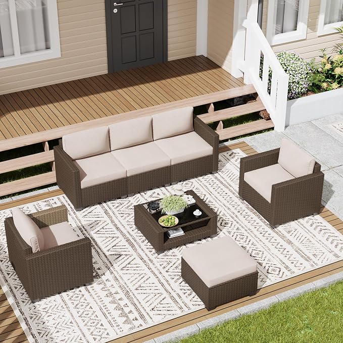 LOUVIXA 7 Piece Outdoor Patio Furniture Set, Rattan Chairs Glass Table Wicker - Image 3