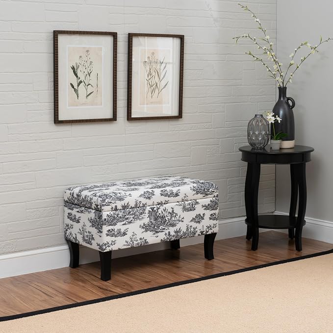 Linon Stephanie Black and White Toile Fully Upholstered Bench - Image 2