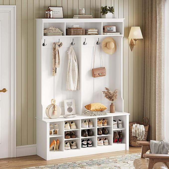 Wodeer Hall Tree with Bench and Shoe Storage, 6 Hooks, 12 Shoe Cubbies by WODEER