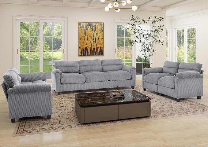 HAOMARKETS Corduroy Sofa Set, Two Upholstered Loveseat, and 3-Seater Couch - Image 3
