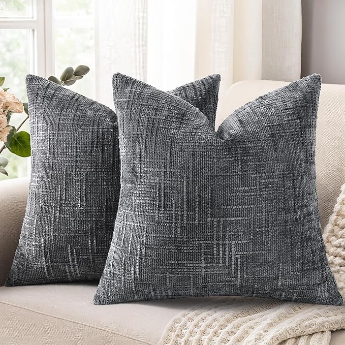 decorUhome Dark Grey Chenille Throw Pillow Covers 16x16 Set of 2 Textured Soft by decorUhome