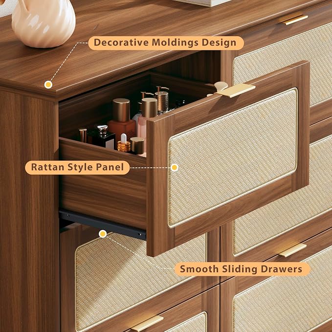 HUAHUU 9 Drawer Dresser for Bedroom, 60 Inch Long Dressers & Rattan Chest of - Image 3