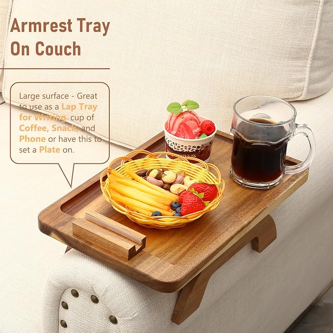 SINWANT Couch Arm Table, Acacia Wood Sofa Arm Rest Tables Couch Armrest Table - Image 2