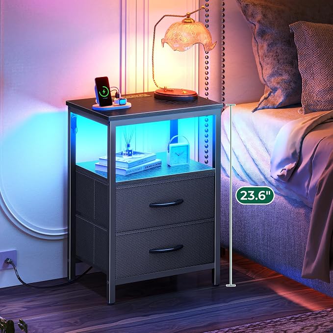 Huuger Night Stand with Charger Station and LED Lights, 2 Drawer Nightstand - Image 4