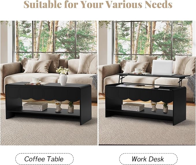 Lift Top Coffee Table with Hidden Compartment, 2 Tier Wooden Center Table with - Image 5