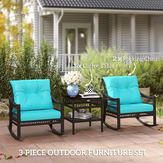 Outsunny Wicker Outdoor Rocking Chair Set, 3 Piece Patio Furniture Set - Image 3