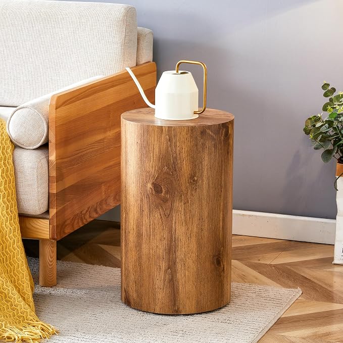 12'' Boho Cylinder Side Table for Living Room, Natural Wood Accent Tables by KTRolster