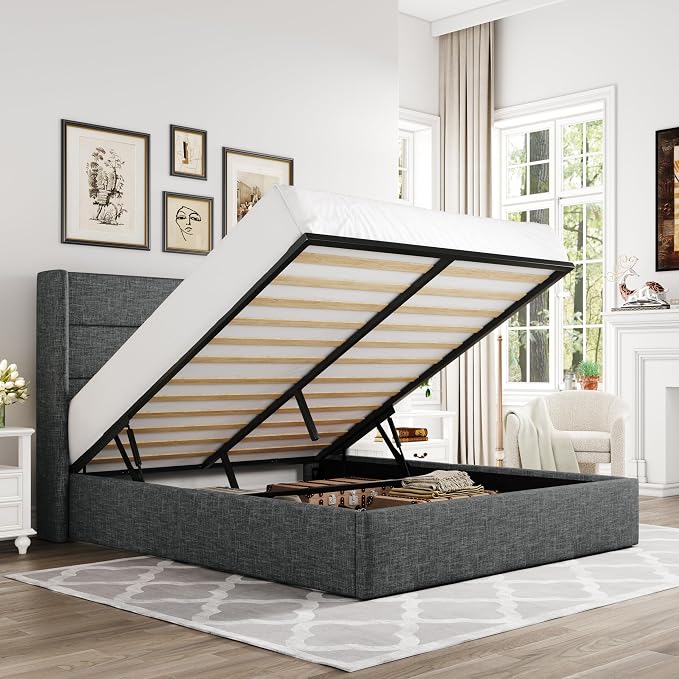 Allewie Full Size Lift Up Storage Bed, Modern Wingback Headboard, Hydraulic by Allewie
