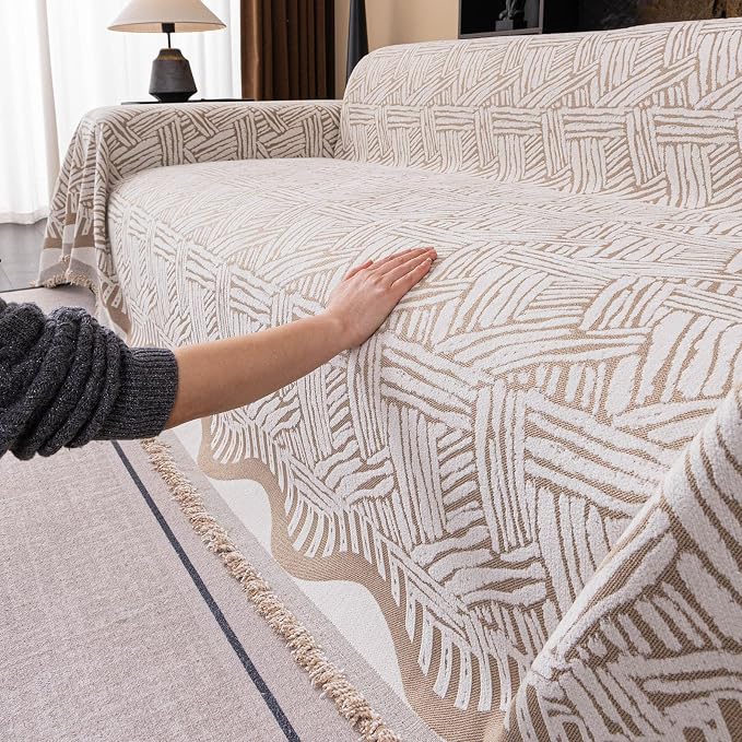 VClife Boho Couch Cover, Abstract Cream and Khaki Line Geometric Jacquard Couch - Image 5