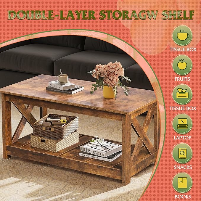 WLIVE Farmhouse Coffee Table for Living Room, 40.1" Rustic Center Table - Image 5